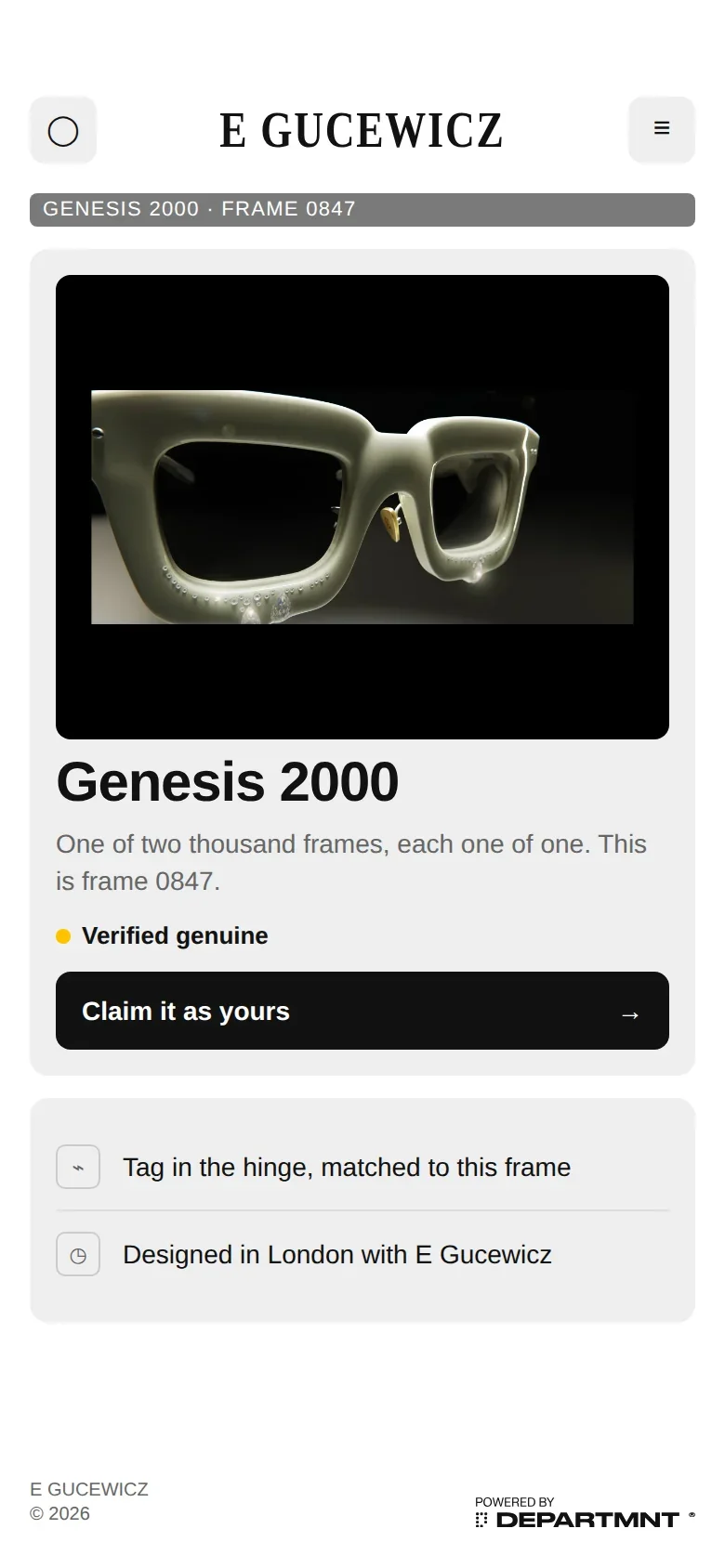 Phone screen showing Genesis 2000 frame 0847 marked verified genuine, with a button to claim it